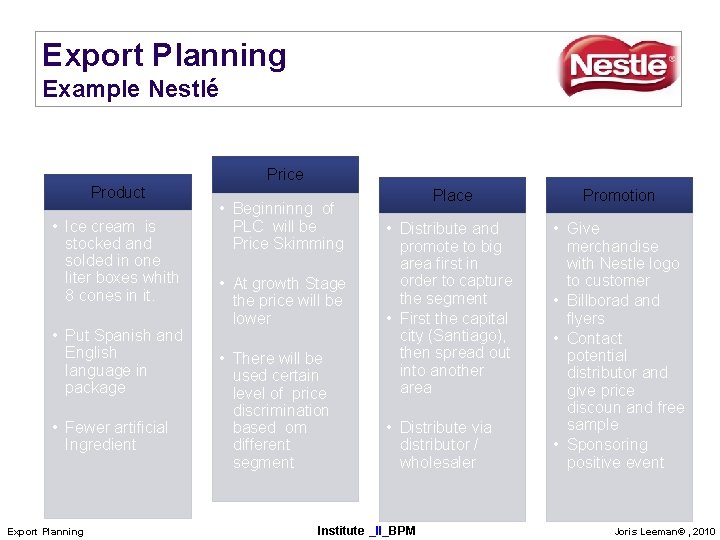 Export Planning Example Nestlé Product • Ice cream is stocked and solded in one