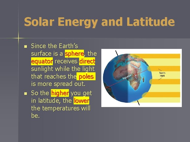 Solar Energy and Latitude n n Since the Earth’s surface is a sphere, the