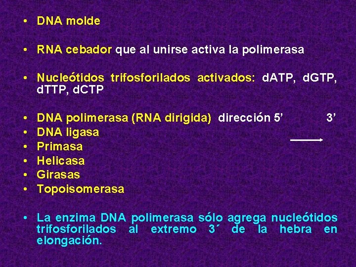  • DNA molde • RNA cebador que al unirse activa la polimerasa •