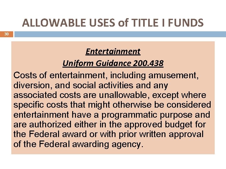 ALLOWABLE USES of TITLE I FUNDS 30 Entertainment Uniform Guidance 200. 438 Costs of
