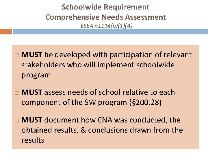 Schoolwide Requirement Comprehensive Needs Assessment ESEA § 1114(b)(1)(A) MUST be developed with participation of
