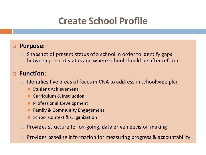 Create School Profile Purpose: � Snapshot of present status of a school in order