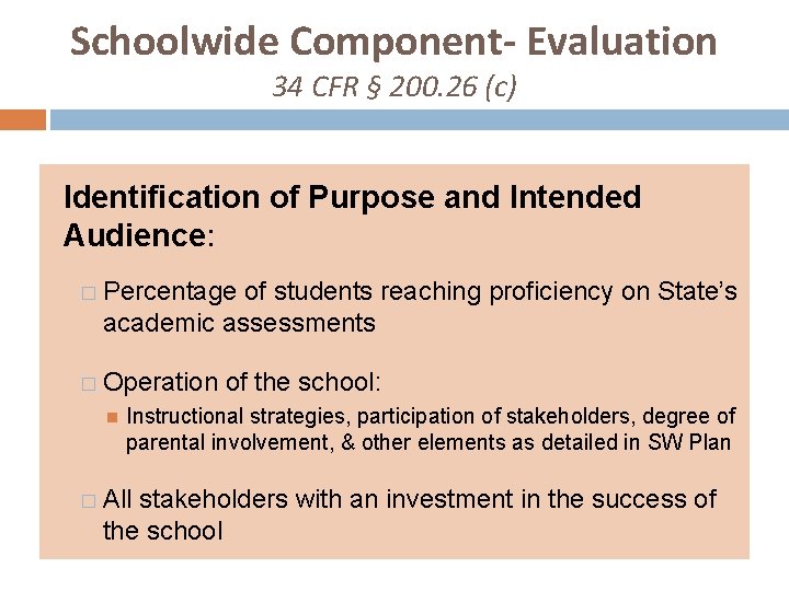 Schoolwide Component- Evaluation 34 CFR § 200. 26 (c) Identification of Purpose and Intended