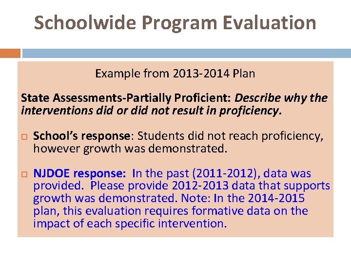 Schoolwide Program Evaluation Example from 2013 -2014 Plan State Assessments-Partially Proficient: Describe why the