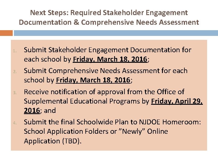 Next Steps: Required Stakeholder Engagement Documentation & Comprehensive Needs Assessment 1. 2. 3. 4.