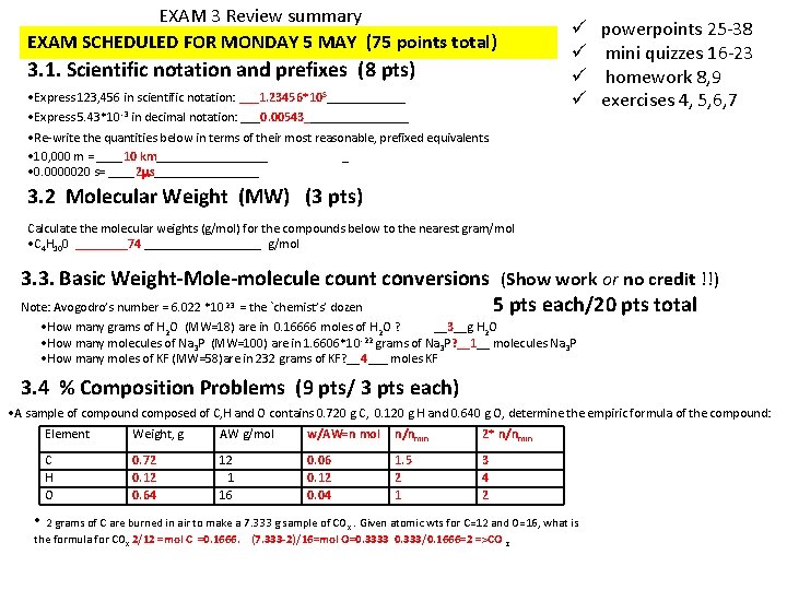 EXAM 3 Review summary EXAM SCHEDULED FOR MONDAY 5 MAY (75 points total) 3.