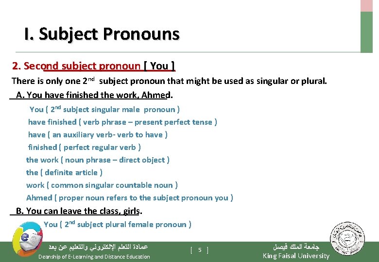 I. Subject Pronouns 2. Second subject pronoun [ You ] There is only one