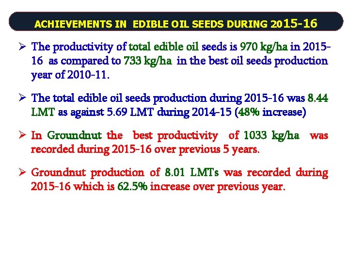 ACHIEVEMENTS IN EDIBLE OIL SEEDS DURING 2015 -16 Ø The productivity of total edible