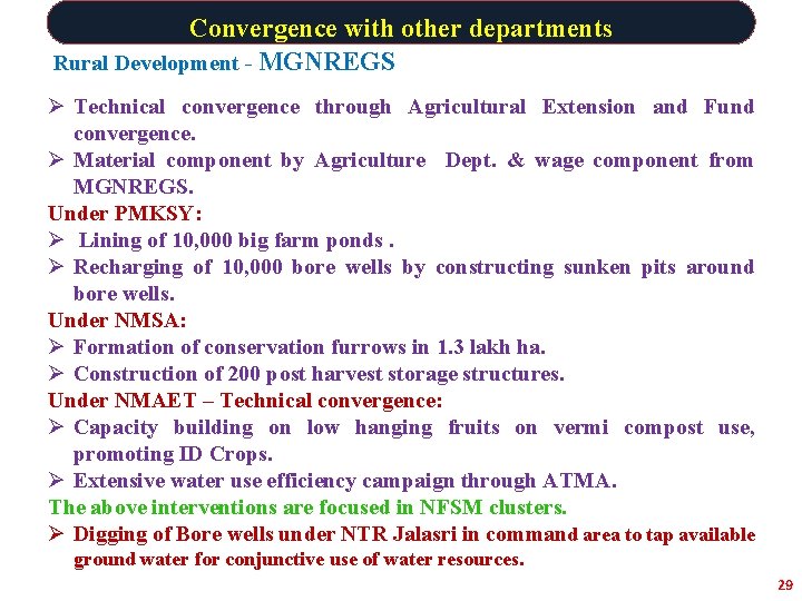 Convergence with other departments Rural Development - MGNREGS Ø Technical convergence through Agricultural Extension