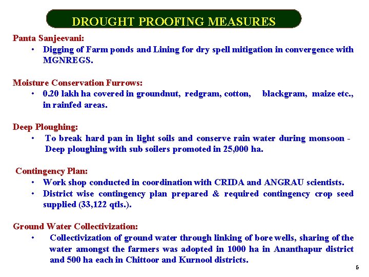 DROUGHT PROOFING MEASURES Panta Sanjeevani: • Digging of Farm ponds and Lining for dry