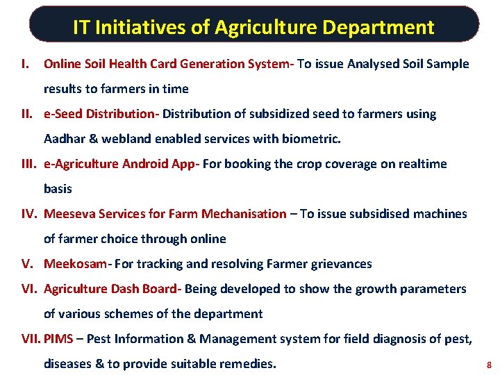 IT Initiatives of Agriculture Department I. Online Soil Health Card Generation System- To issue