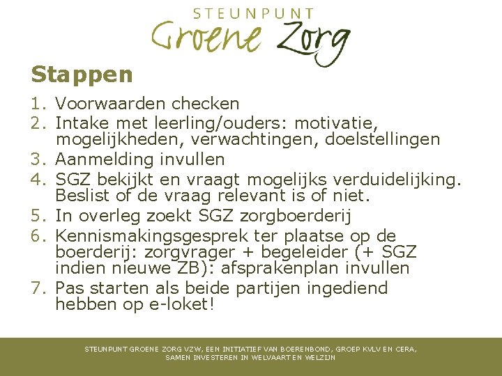 Stappen 1. Voorwaarden checken 2. Intake met leerling/ouders: motivatie, mogelijkheden, verwachtingen, doelstellingen 3. Aanmelding