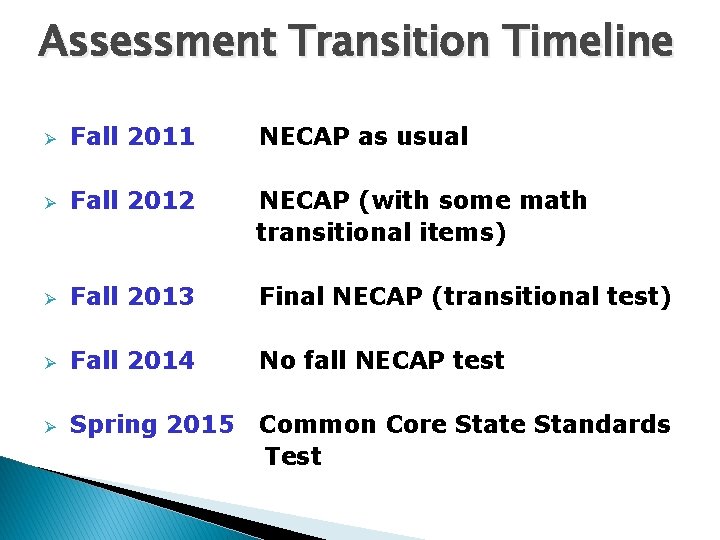 Assessment Transition Timeline Ø Fall 2011 NECAP as usual Ø Fall 2012 NECAP (with