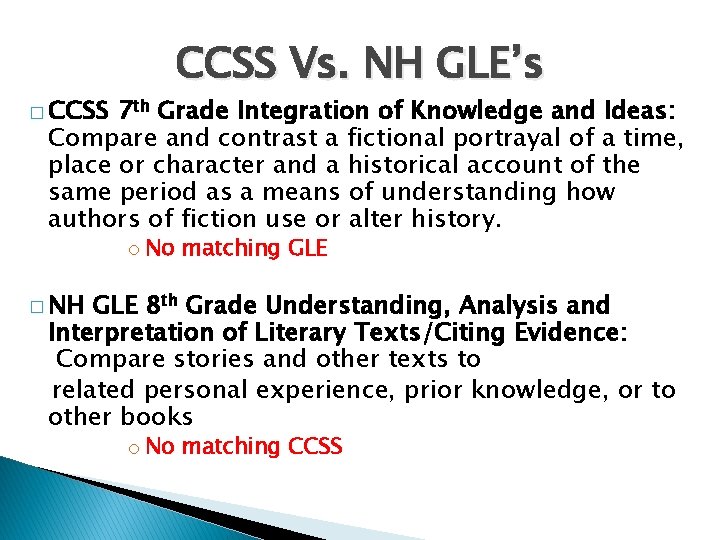 � CCSS Vs. NH GLE’s 7 th Grade Integration of Knowledge and Ideas: Compare