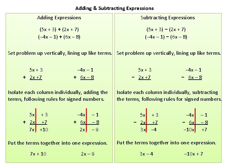 Adding & Subtracting Expressions Adding Expressions Subtracting Expressions (5 x + 3) + (2