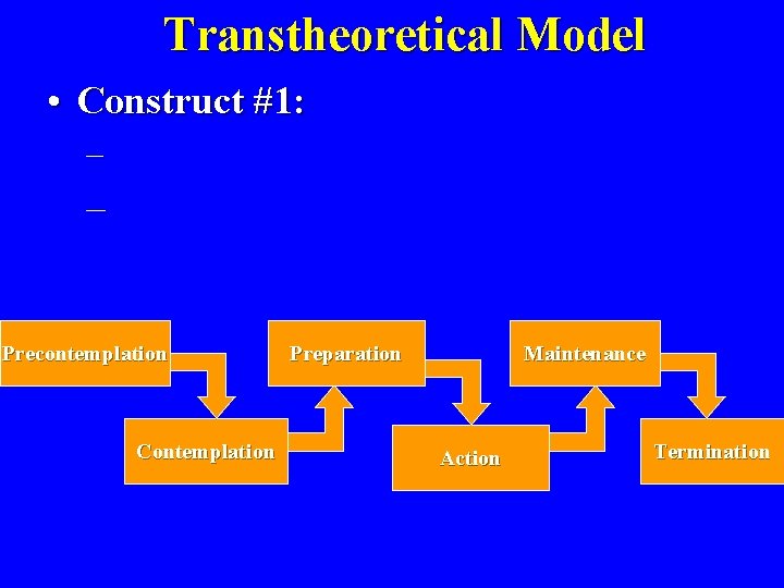 Transtheoretical Model • Construct #1: – – Precontemplation Contemplation Preparation Maintenance Action Termination 