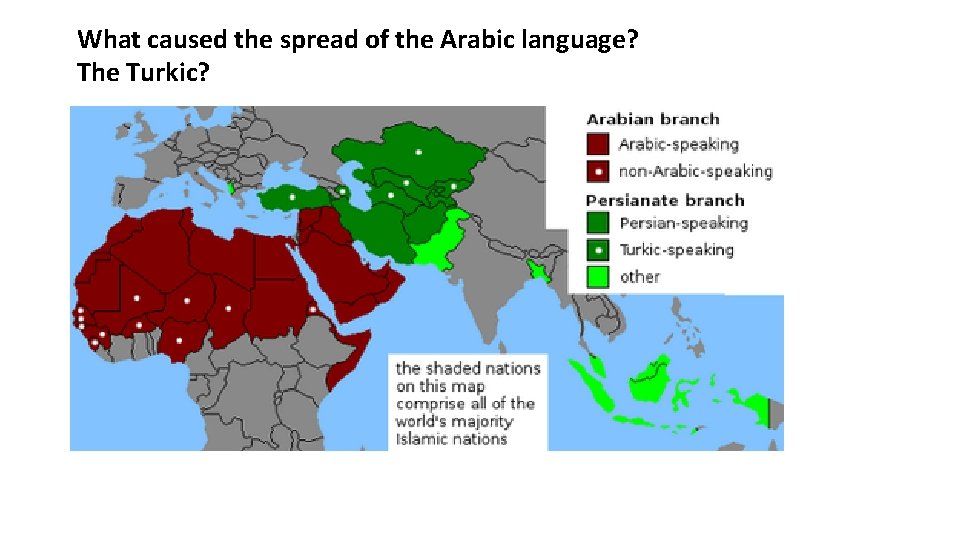 What caused the spread of the Arabic language? The Turkic? 