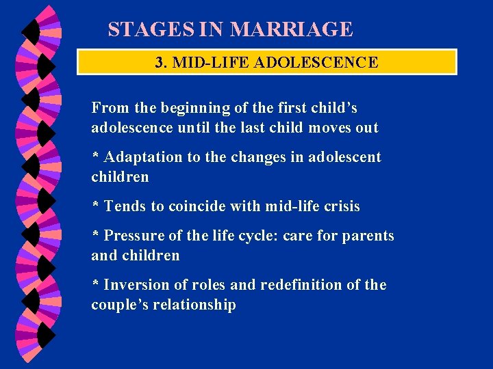 STAGES IN MARRIAGE 3. MID-LIFE ADOLESCENCE From the beginning of the first child’s adolescence