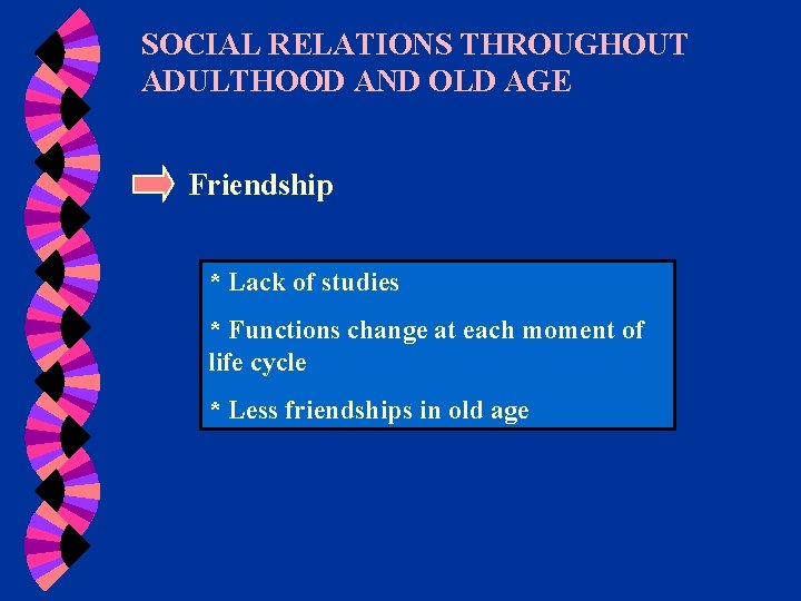 SOCIAL RELATIONS THROUGHOUT ADULTHOOD AND OLD AGE Friendship * Lack of studies * Functions