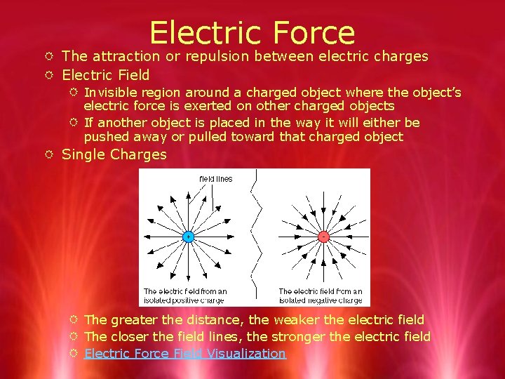 Electric Force R The attraction or repulsion between electric charges R Electric Field R
