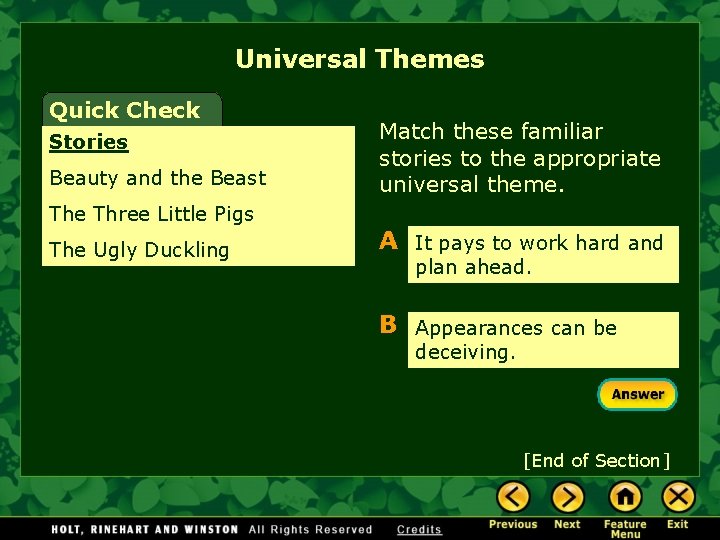 Universal Themes Quick Check Stories Beauty and the Beast The Three Little Pigs The