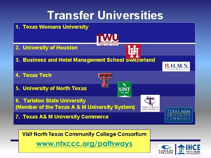 Transfer Universities 1. Texas Womans University 2. University of Houston 3. Business and Hotel