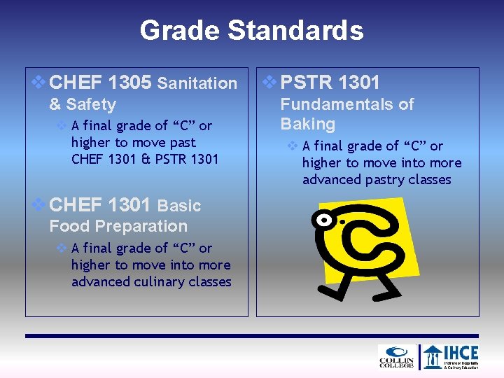 Grade Standards v CHEF 1305 Sanitation & Safety v A final grade of “C”