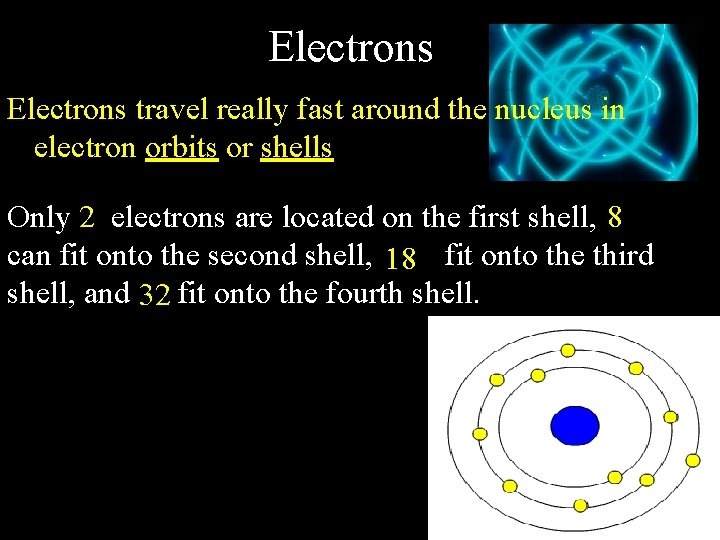 Electrons travel really fast around the nucleus in electron orbits or shells Only 2