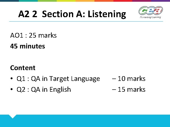 A 2 2 Section A: Listening AO 1 : 25 marks 45 minutes Content