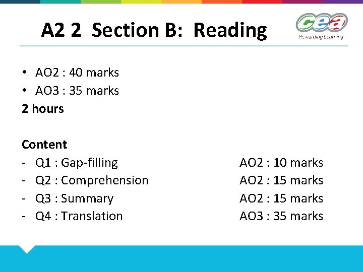 A 2 2 Section B: Reading • AO 2 : 40 marks • AO