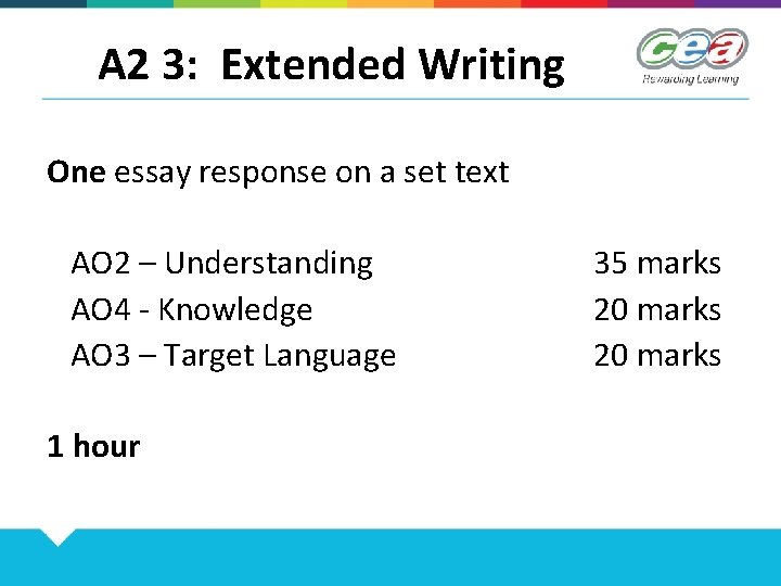 A 2 3: Extended Writing One essay response on a set text AO 2