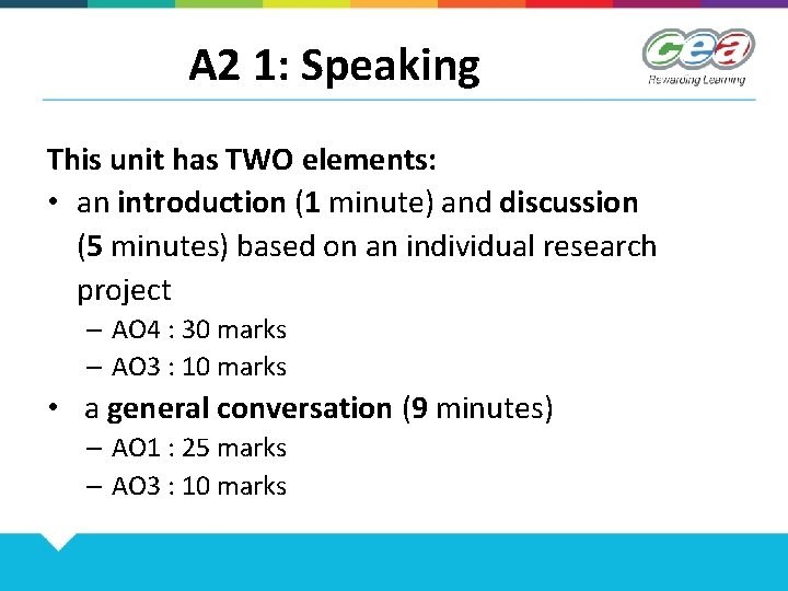 A 2 1: Speaking This unit has TWO elements: • an introduction (1 minute)