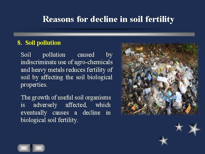 Reasons for decline in soil fertility 8. Soil pollution caused by indiscriminate use of