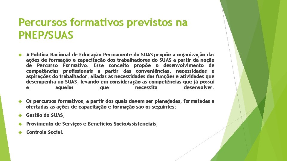 Percursos formativos previstos na PNEP/SUAS A Política Nacional de Educação Permanente do SUAS propõe