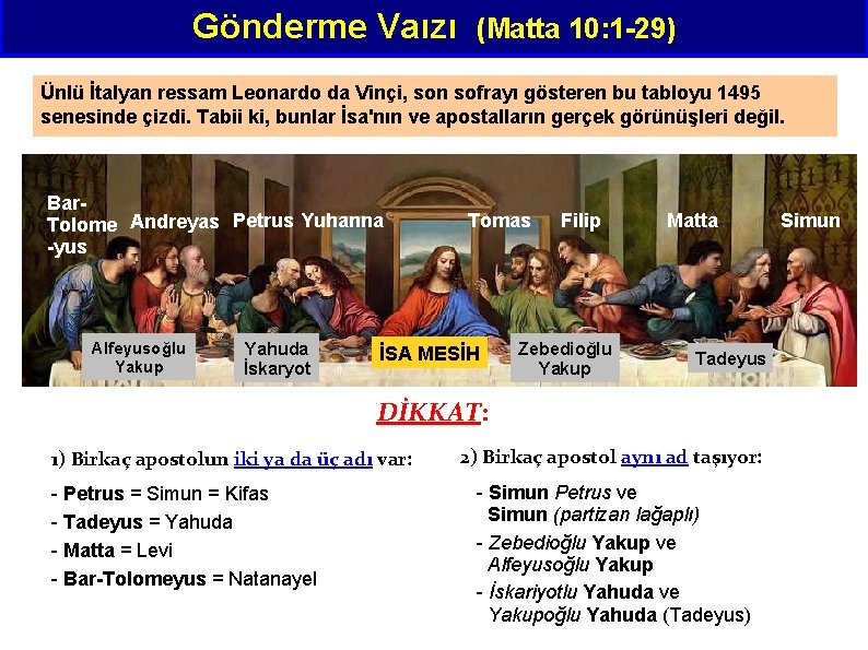 Gönderme Vaızı (Matta 10: 1 -29) Ünlü İtalyan ressam Leonardo da Vinçi, son sofrayı