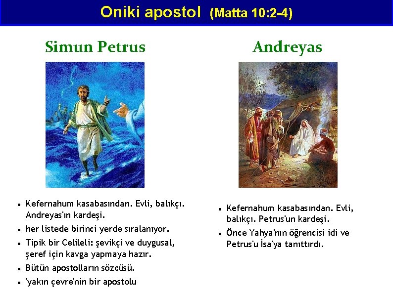 Oniki apostol (Matta 10: 2 -4) Simun Petrus Kefernahum kasabasından. Evli, balıkçı. Andreyas'ın kardeşi.