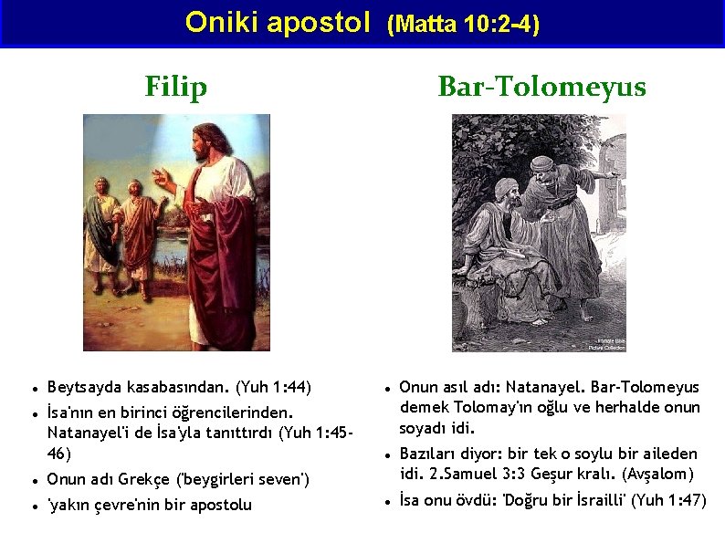 Oniki apostol (Matta 10: 2 -4) Filip Bar-Tolomeyus Beytsayda kasabasından. (Yuh 1: 44) İsa'nın