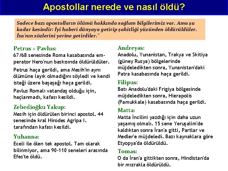 Apostollar nerede ve nasıl öldü? Sadece bazı apostolların ölümü hakkında sağlam bilgilerimiz var. Ama