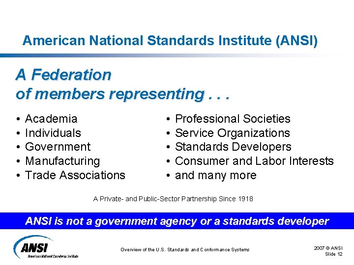 American National Standards Institute (ANSI) A Federation of members representing. . . • • American National Standards Institute (ANSI) A Federation of members representing. . . • •
