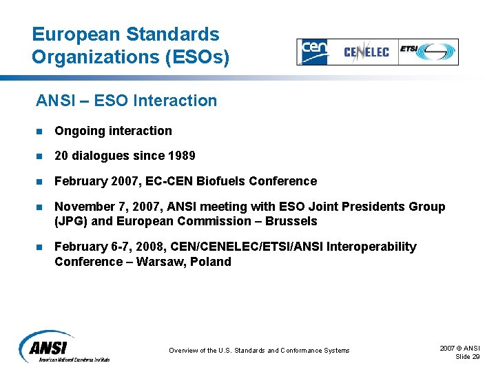 European Standards Organizations (ESOs) ANSI – ESO Interaction n Ongoing interaction n 20 dialogues European Standards Organizations (ESOs) ANSI – ESO Interaction n Ongoing interaction n 20 dialogues