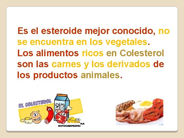 Es el esteroide mejor conocido, no se encuentra en los vegetales. Los alimentos ricos Es el esteroide mejor conocido, no se encuentra en los vegetales. Los alimentos ricos
