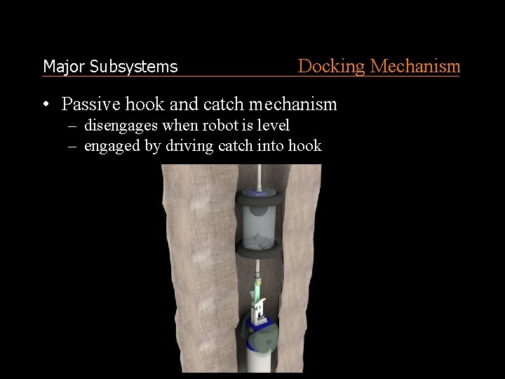Major Subsystems Docking Mechanism • Passive hook and catch mechanism – disengages when robot