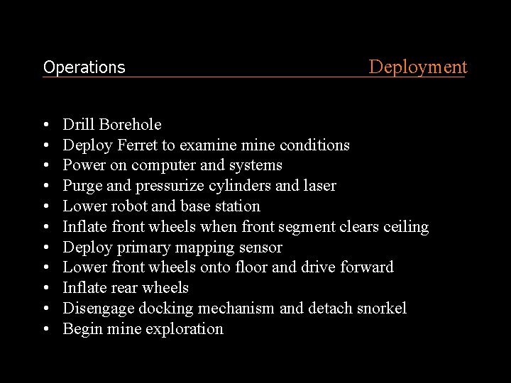 Operations • • • Deployment Drill Borehole Deploy Ferret to examine conditions Power on