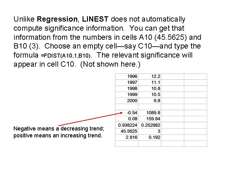 Unlike Regression, LINEST does not automatically compute significance information. You can get that information