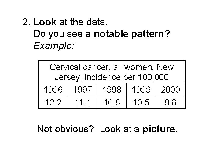 2. Look at the data. Do you see a notable pattern? Example: Cervical cancer,