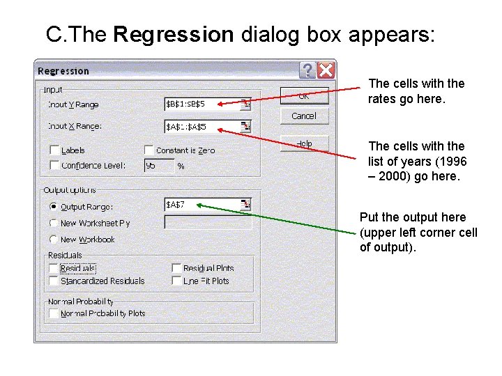 C. The Regression dialog box appears: The cells with the rates go here. The