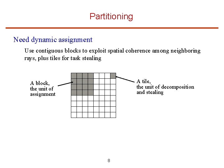 Partitioning Need dynamic assignment Use contiguous blocks to exploit spatial coherence among neighboring rays,