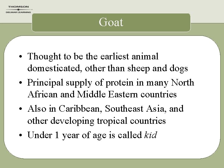 Goat • Thought to be the earliest animal domesticated, other than sheep and dogs