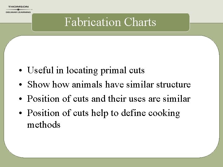 Fabrication Charts • • Useful in locating primal cuts Show animals have similar structure