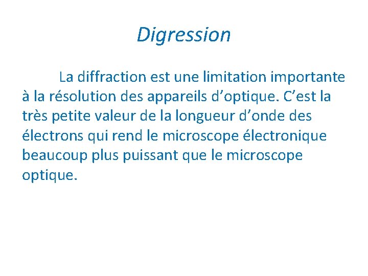 Digression La diffraction est une limitation importante à la résolution des appareils d’optique. C’est Digression La diffraction est une limitation importante à la résolution des appareils d’optique. C’est
